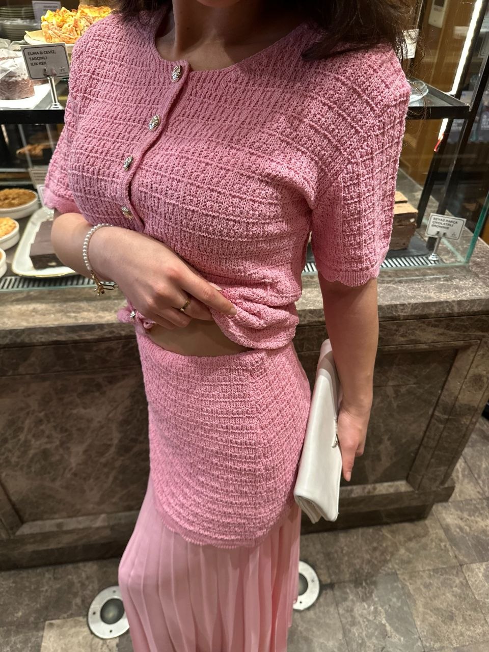 Pink Cotton knit set with chiffon trim