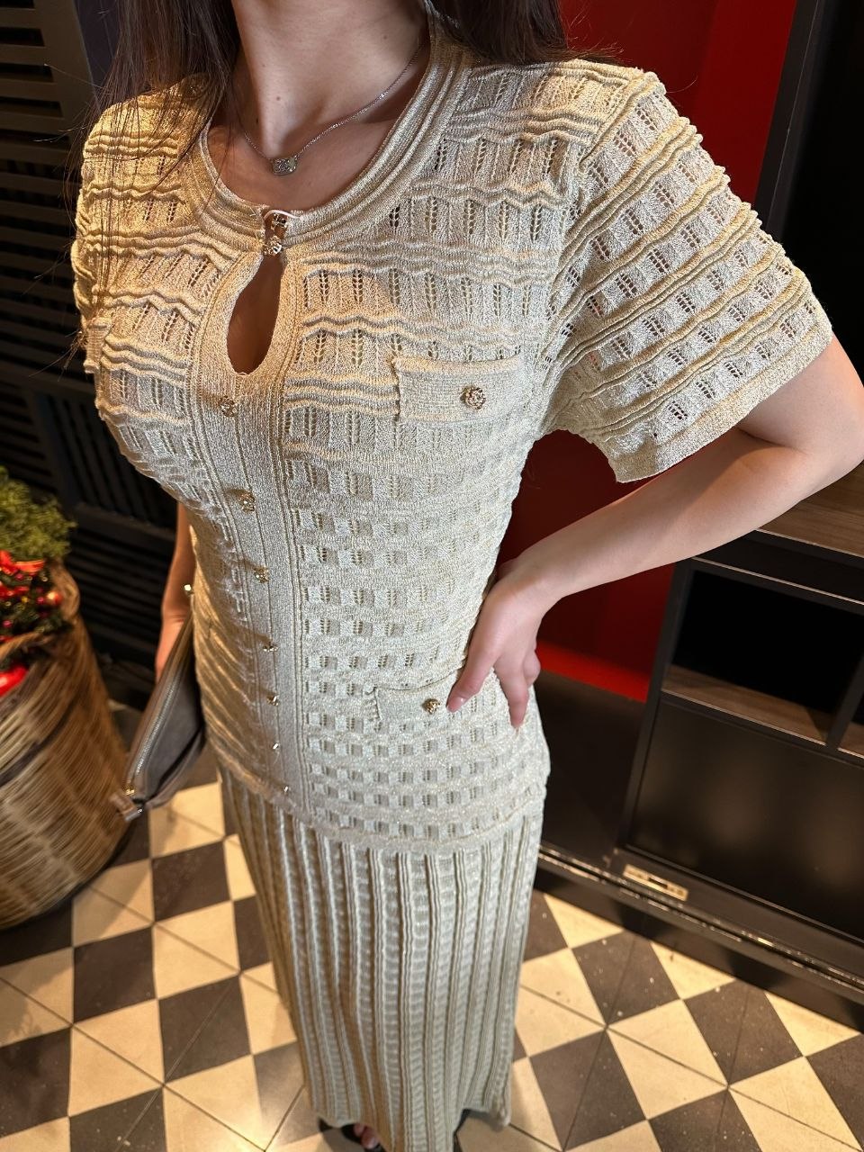 Beige Knitted dress with glitter and lining.