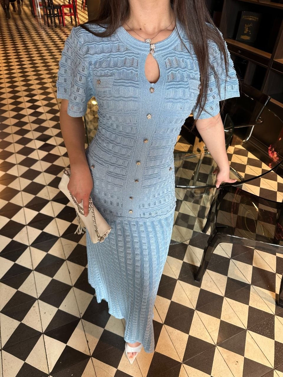 Blue Knitted dress with glitter and lining.