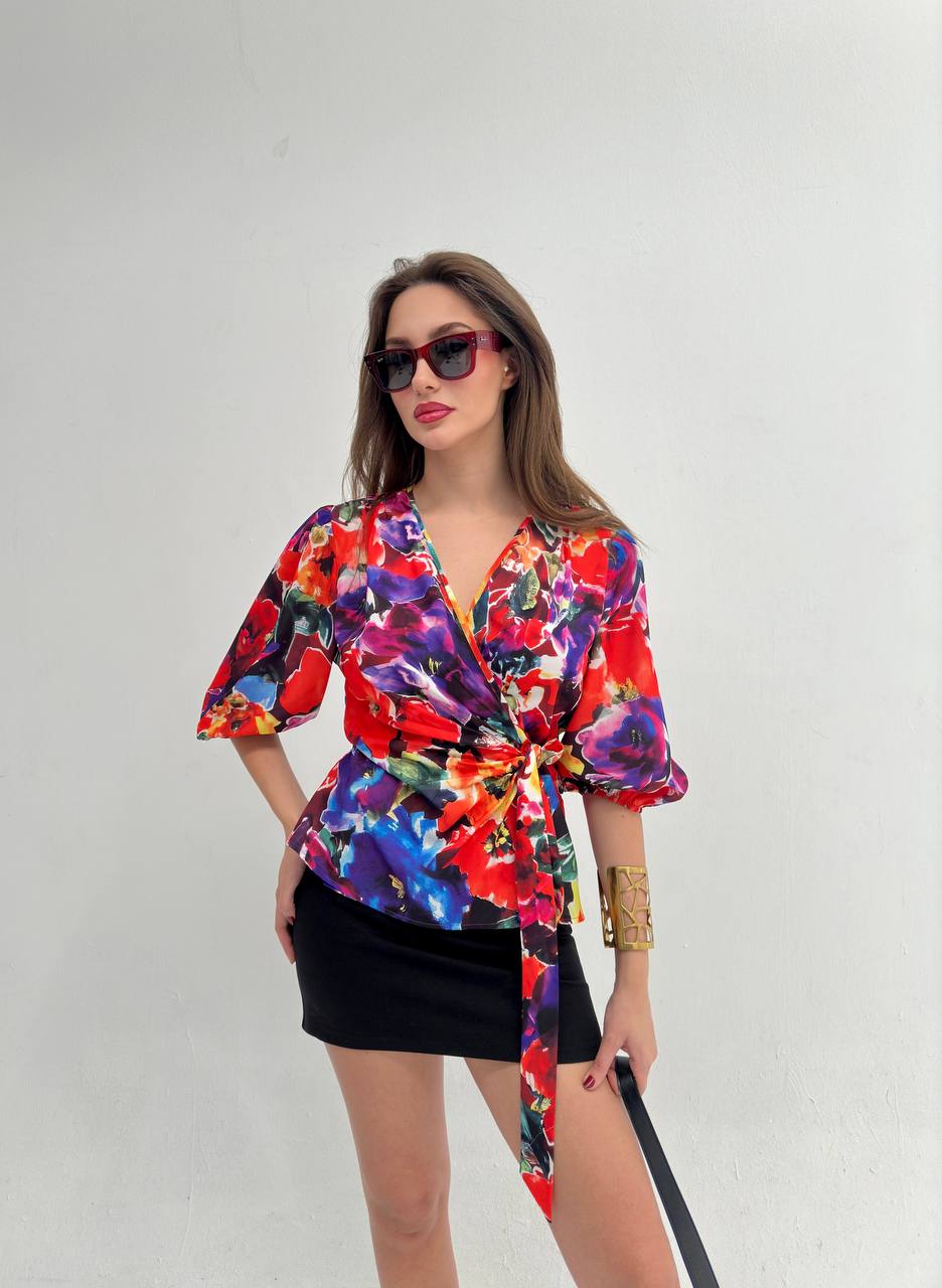 Double Breasted Half Sleeve Patterned Blouse