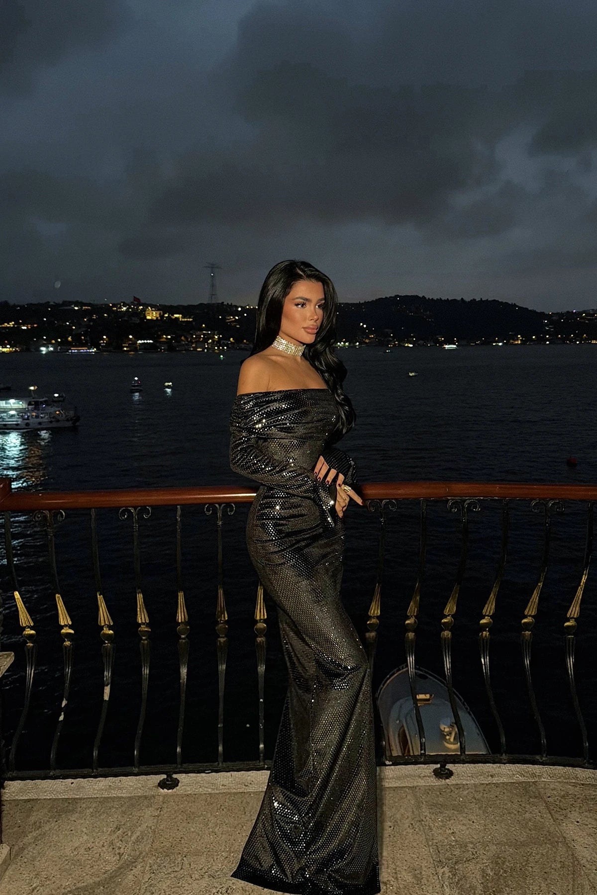 Silver Sequined Boat Neck Long Dress