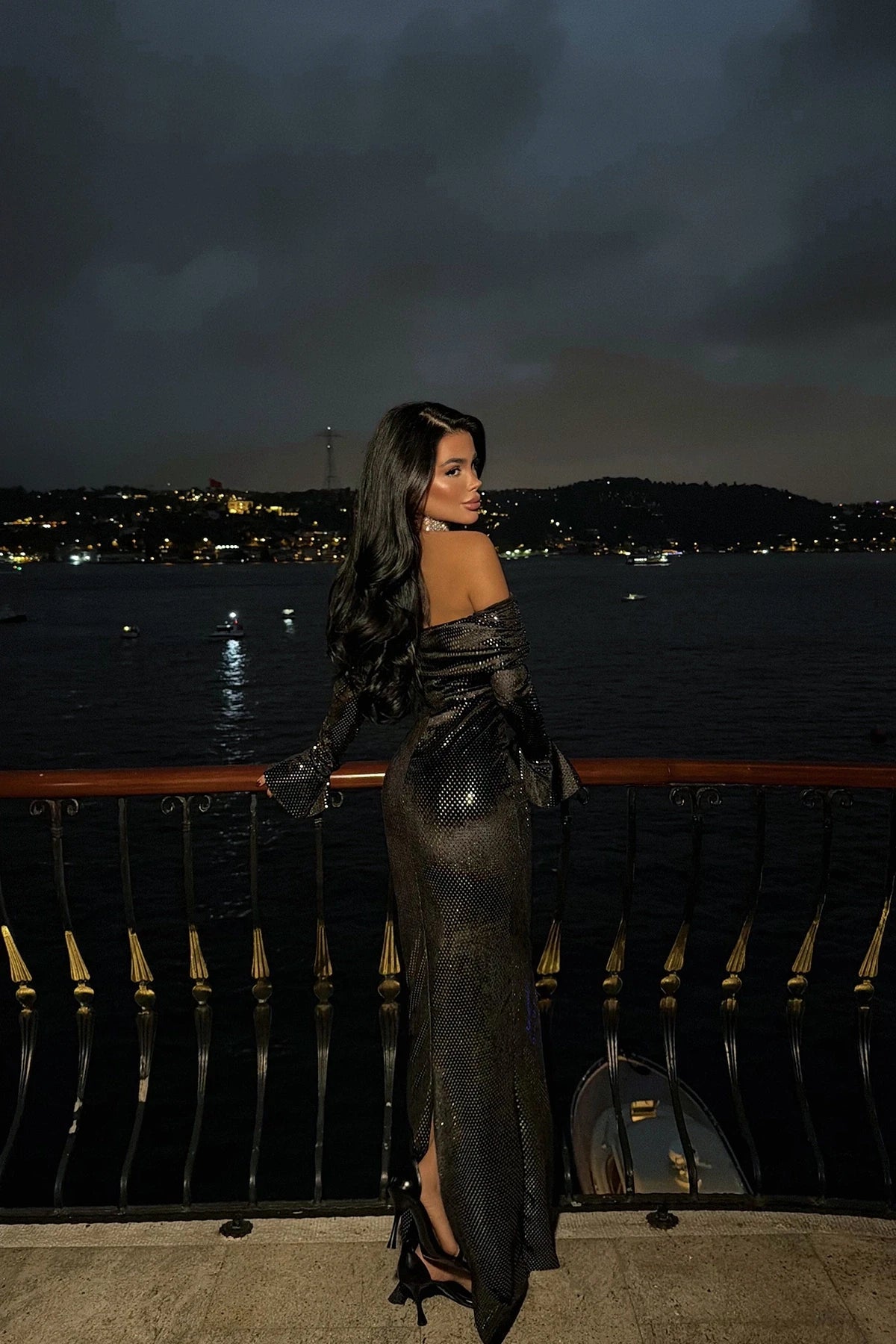 Silver Sequined Boat Neck Long Dress