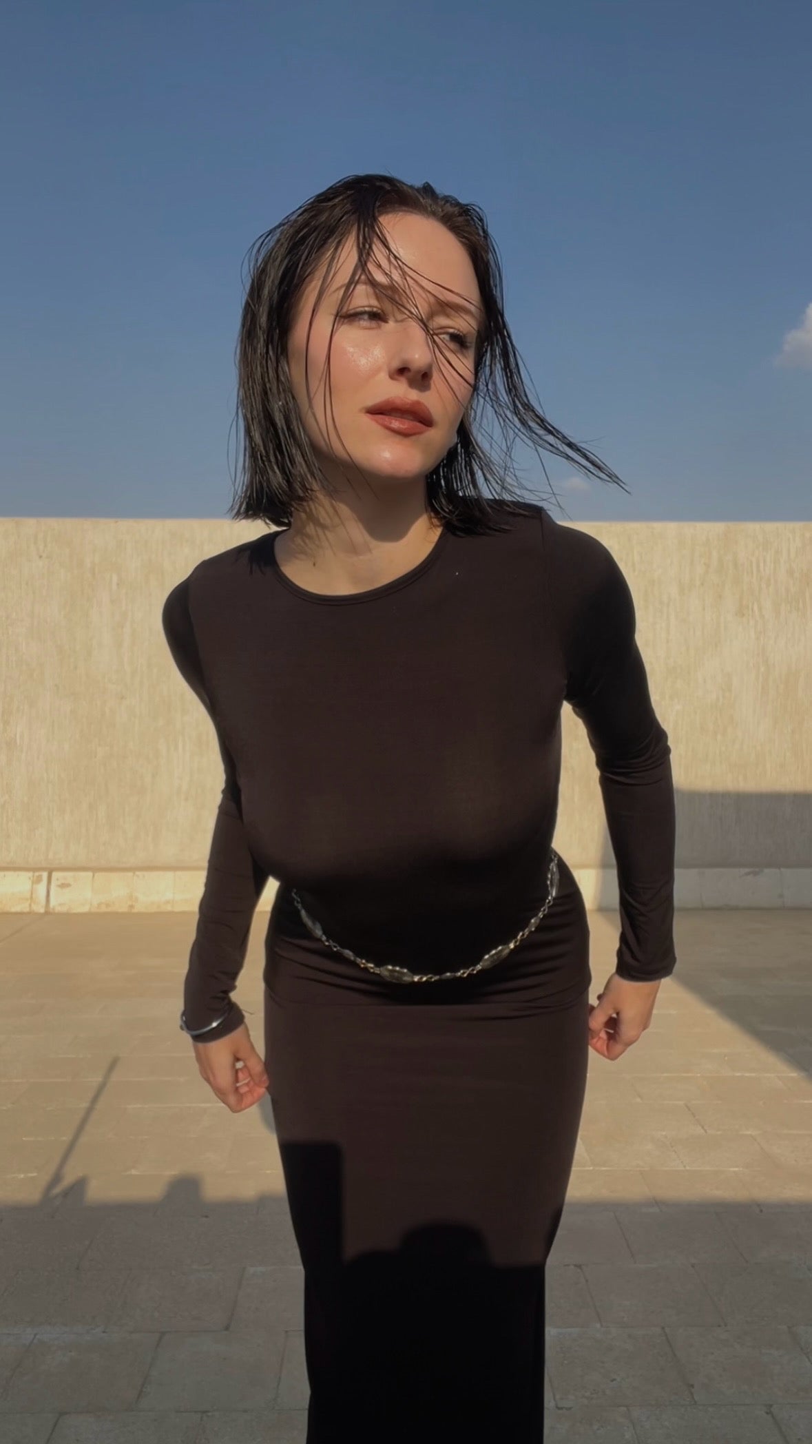 Black backless  Long Sleeve Basic Dress