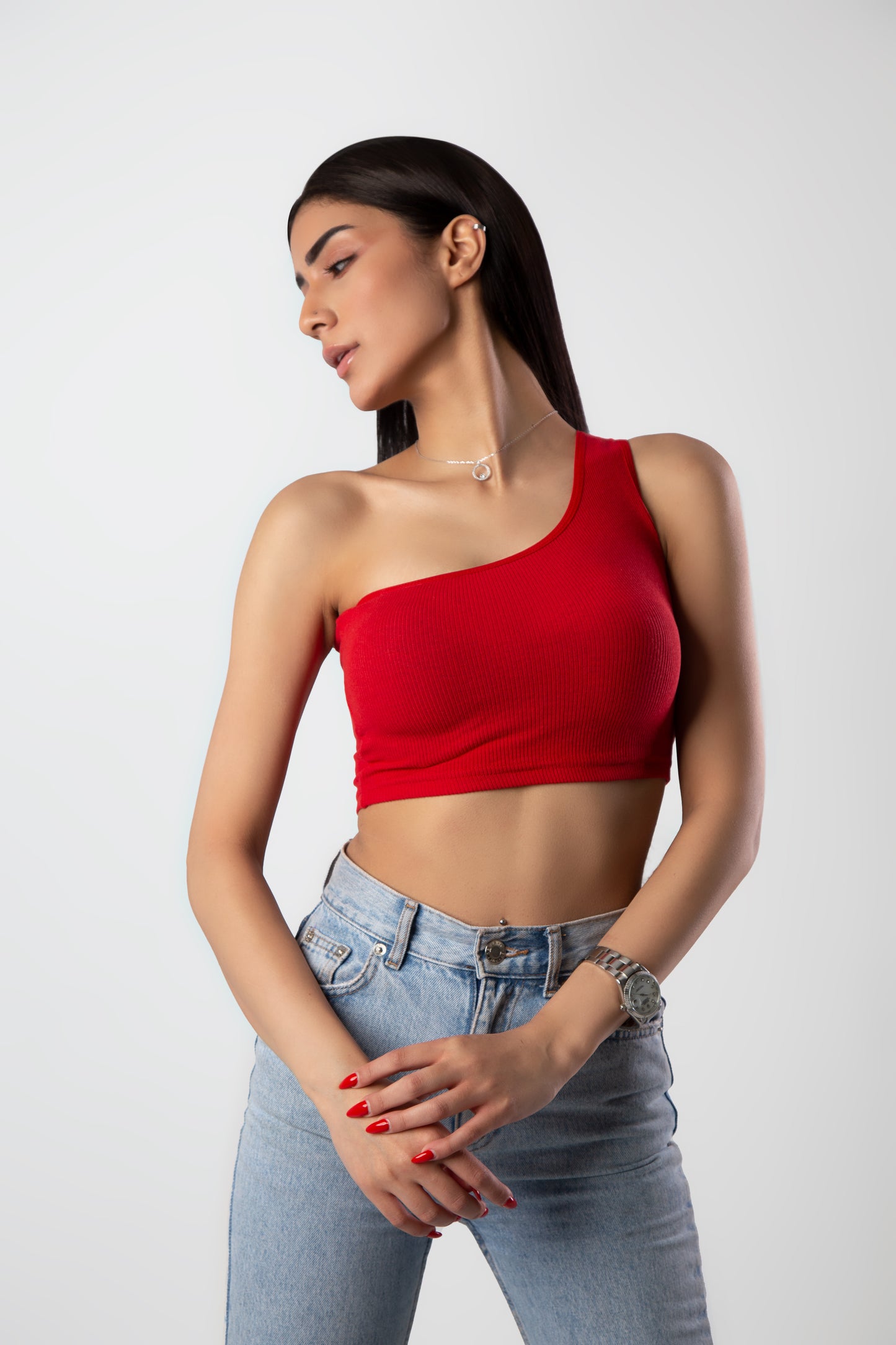 Red  One Shoulder Crop