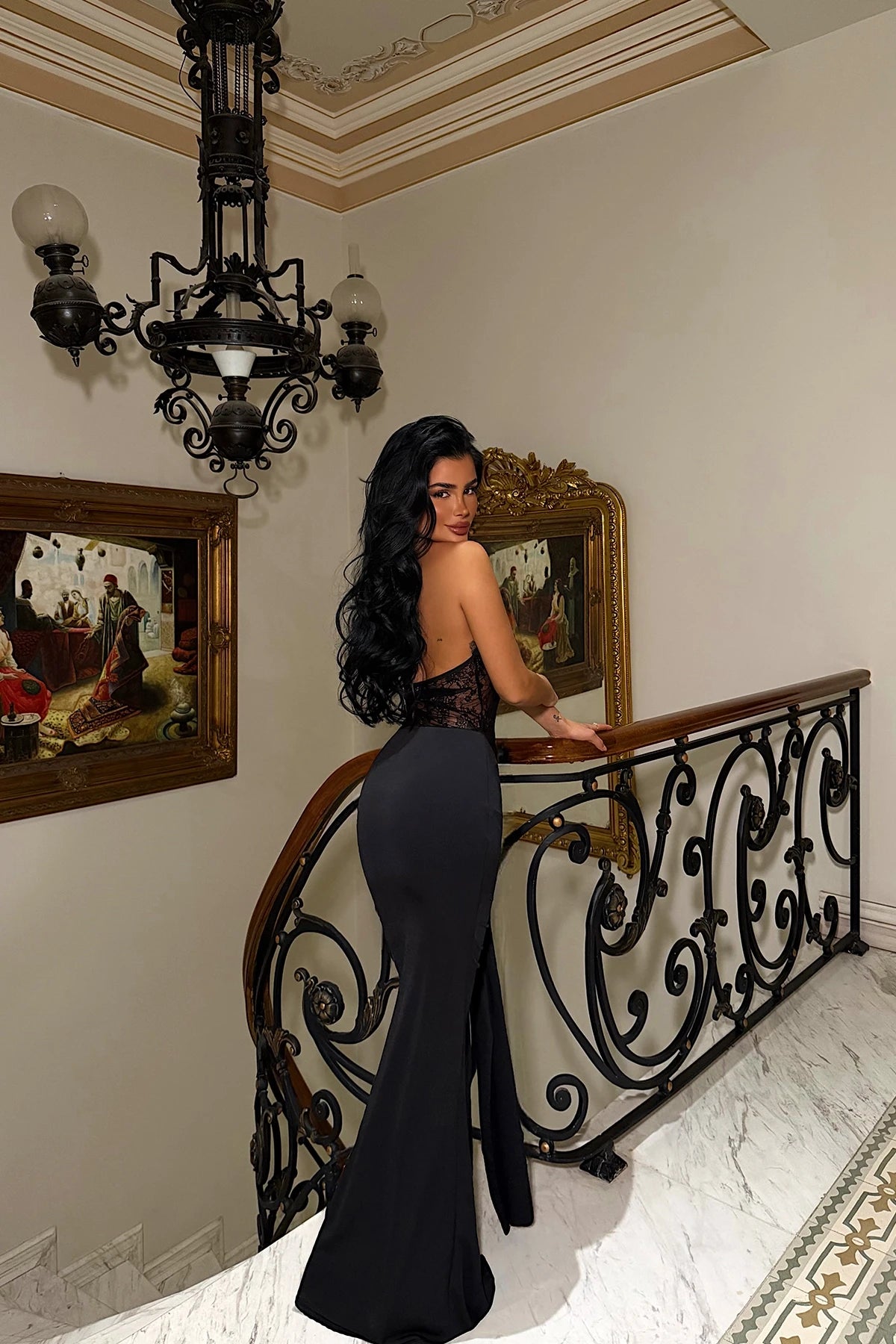 Black Lace Detail Long Dress