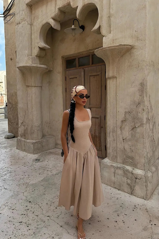 Beige Square Neck Midi Dress