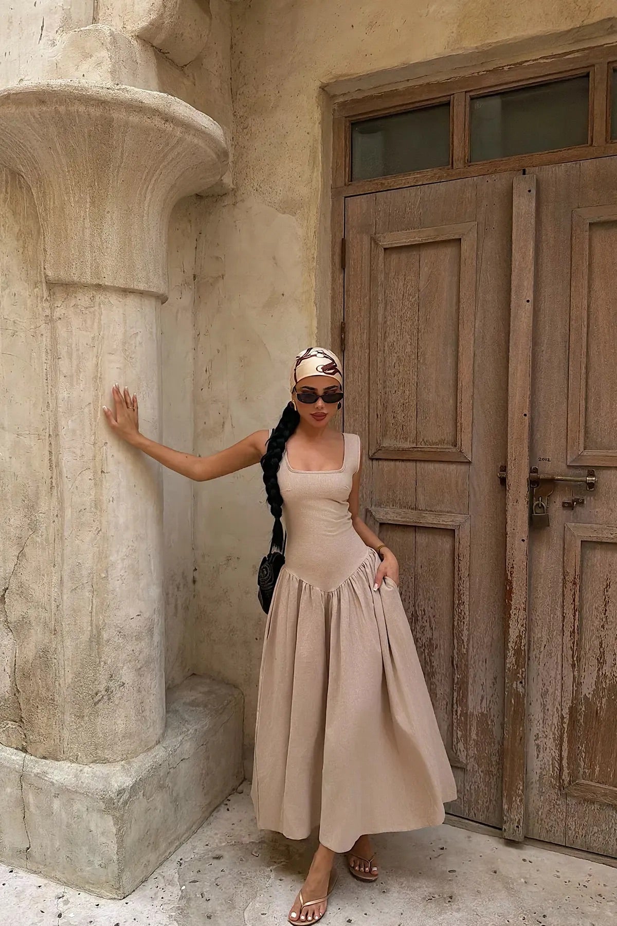 Beige Square Neck Midi Dress