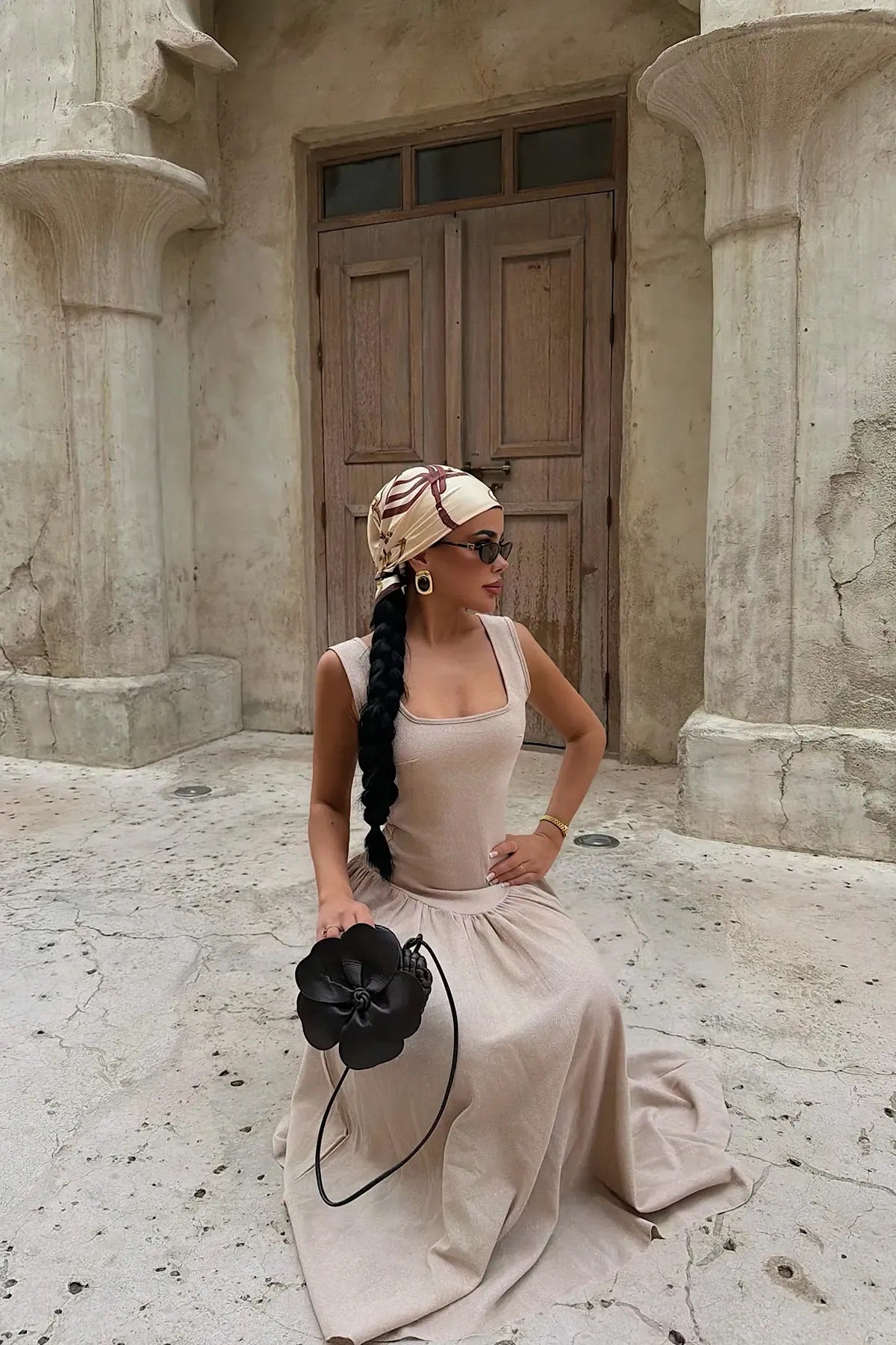 Beige Square Neck Midi Dress