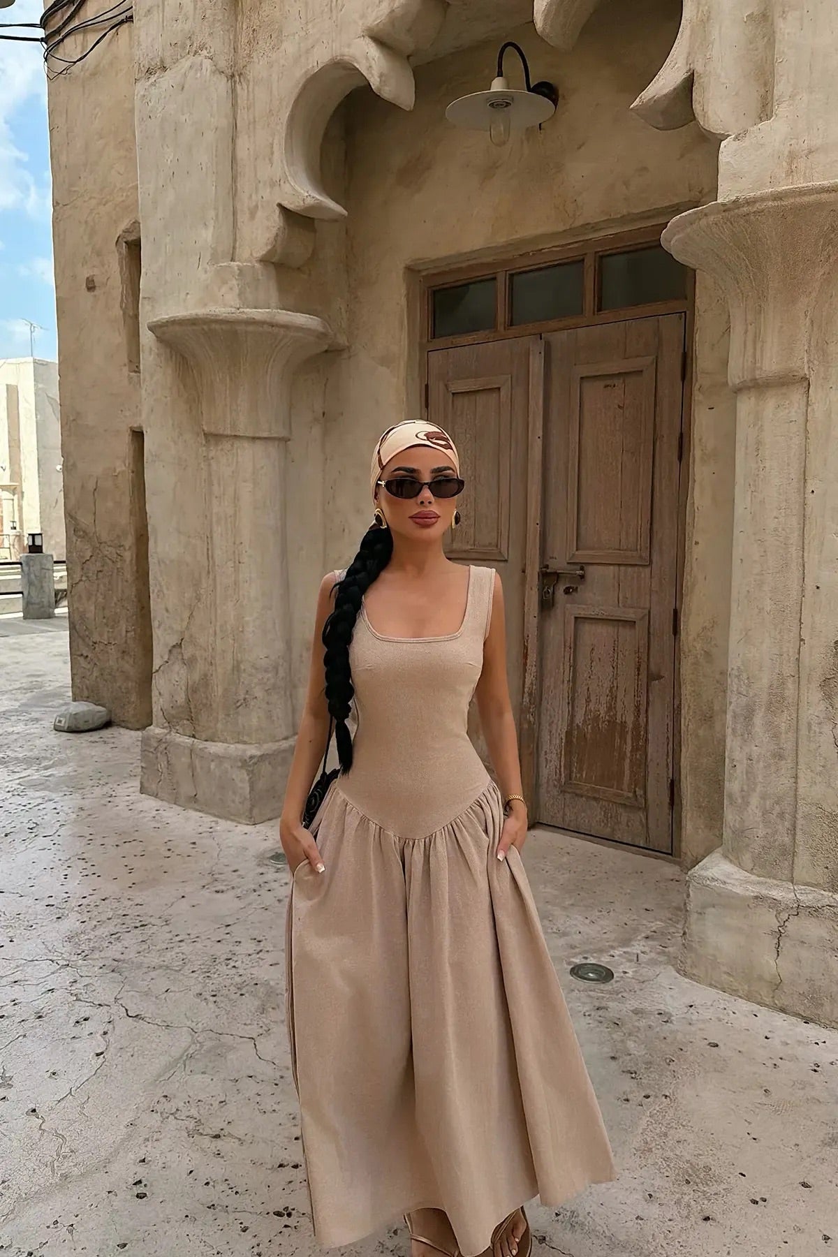 Beige Square Neck Midi Dress