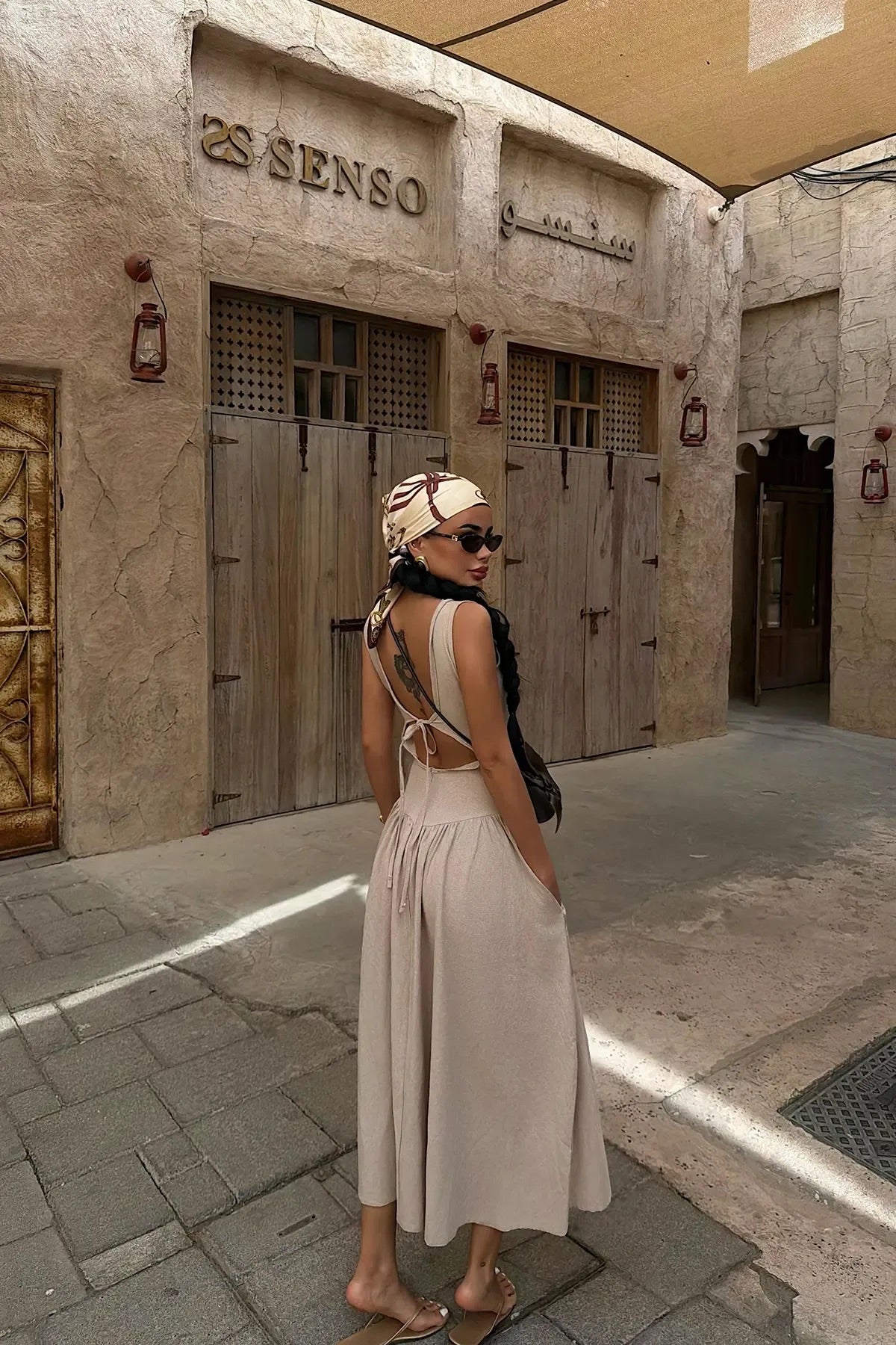 Beige Square Neck Midi Dress