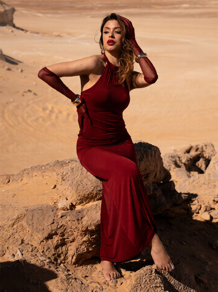 Burgundy SANNDY FABRIC DRESS WITH GLOVES