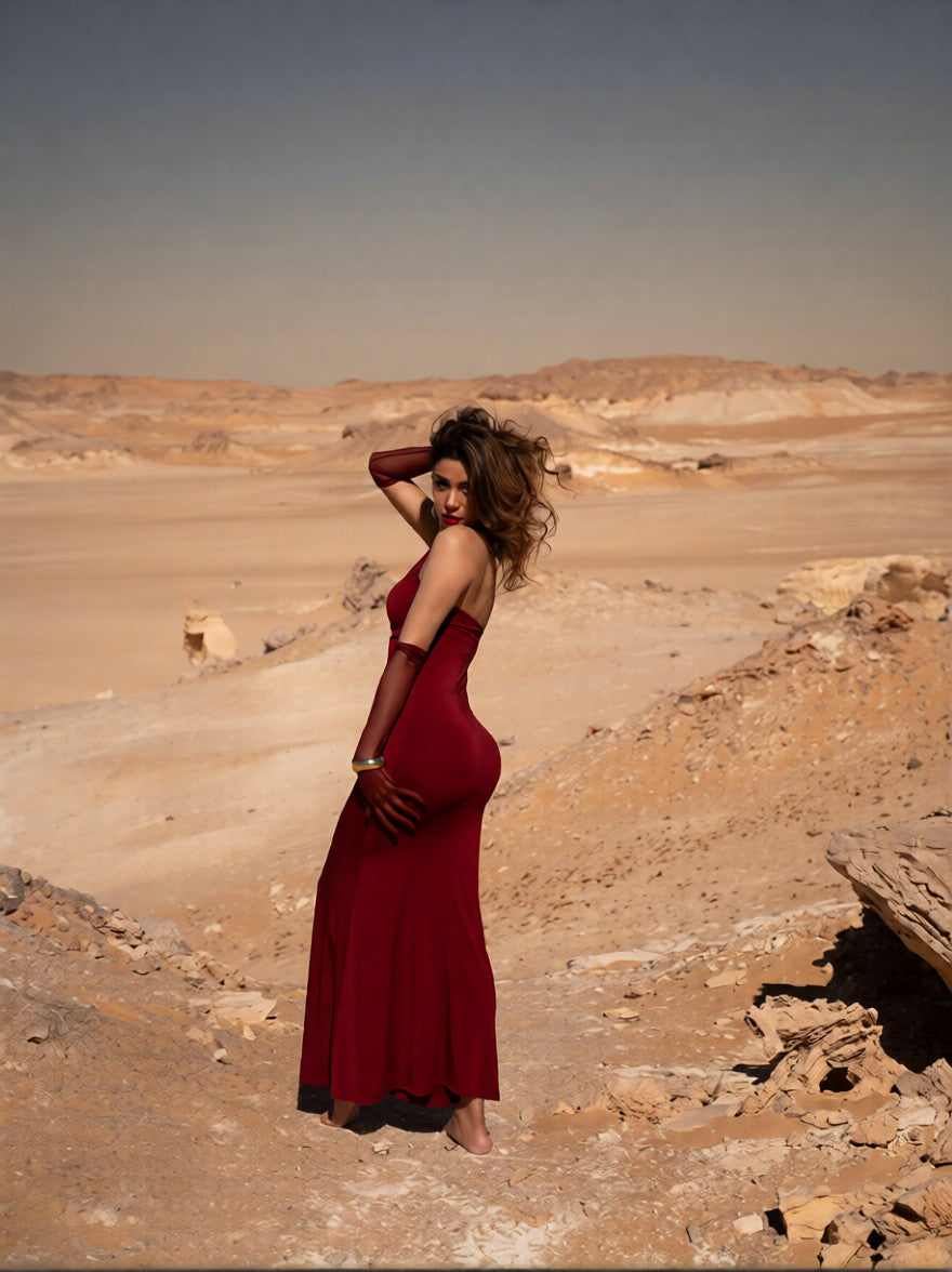 Burgundy SANNDY FABRIC DRESS WITH GLOVES