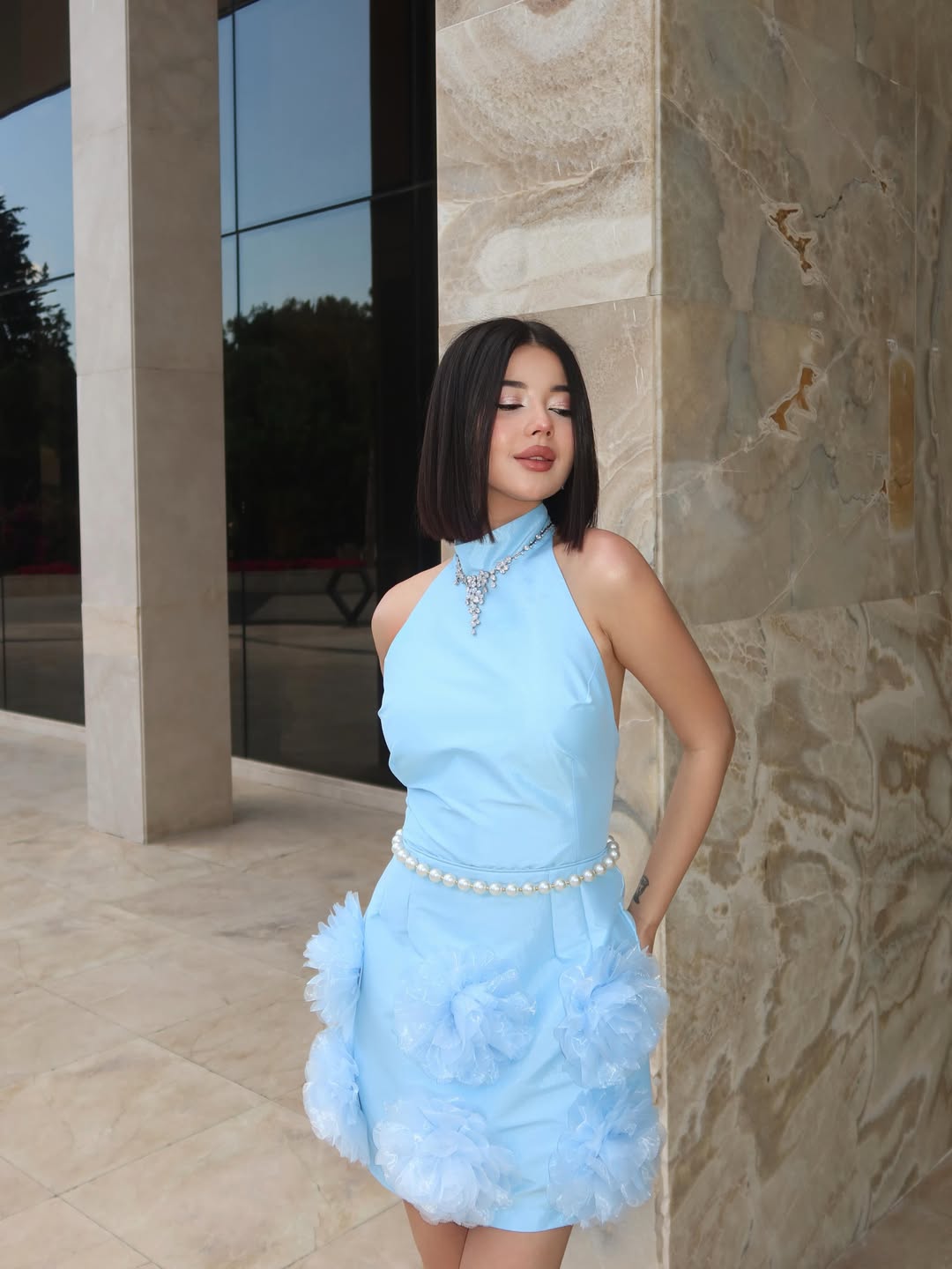 Blue Freyya Mini Dress with Rose Hem