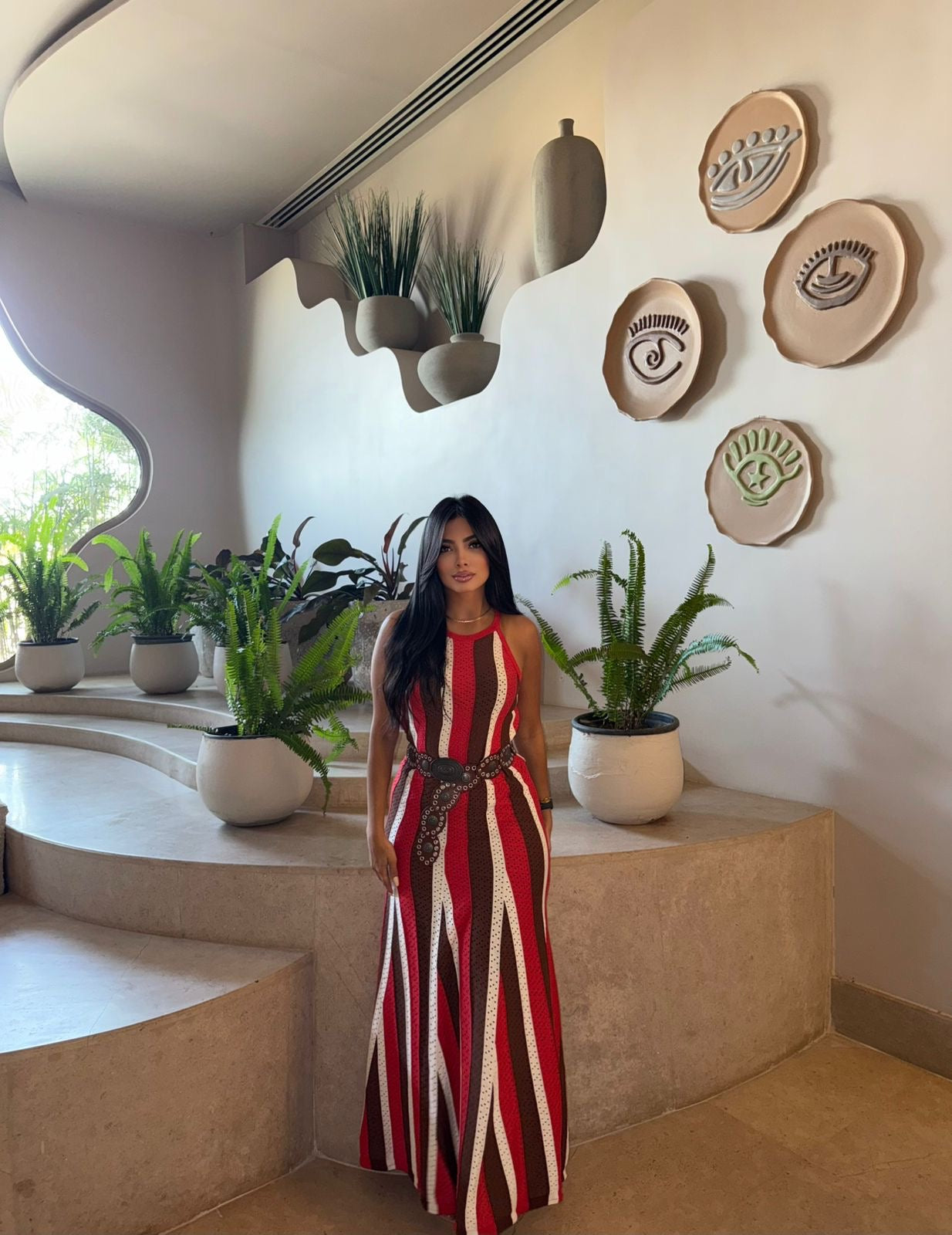 Red -  Black Top Length Striped Dress