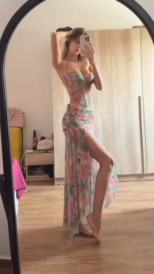 Colorful Digital Printed Tulle Lined Globe Long Dress