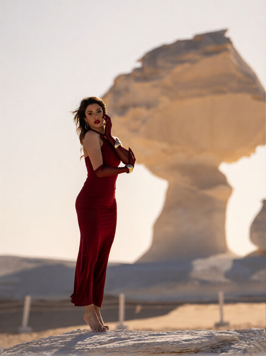 Burgundy SANNDY FABRIC DRESS WITH GLOVES