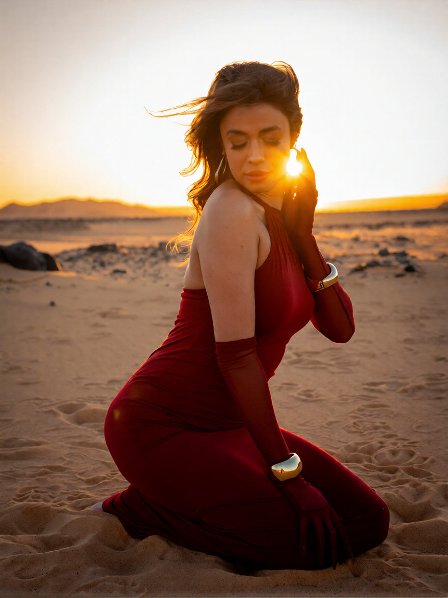 Burgundy SANNDY FABRIC DRESS WITH GLOVES