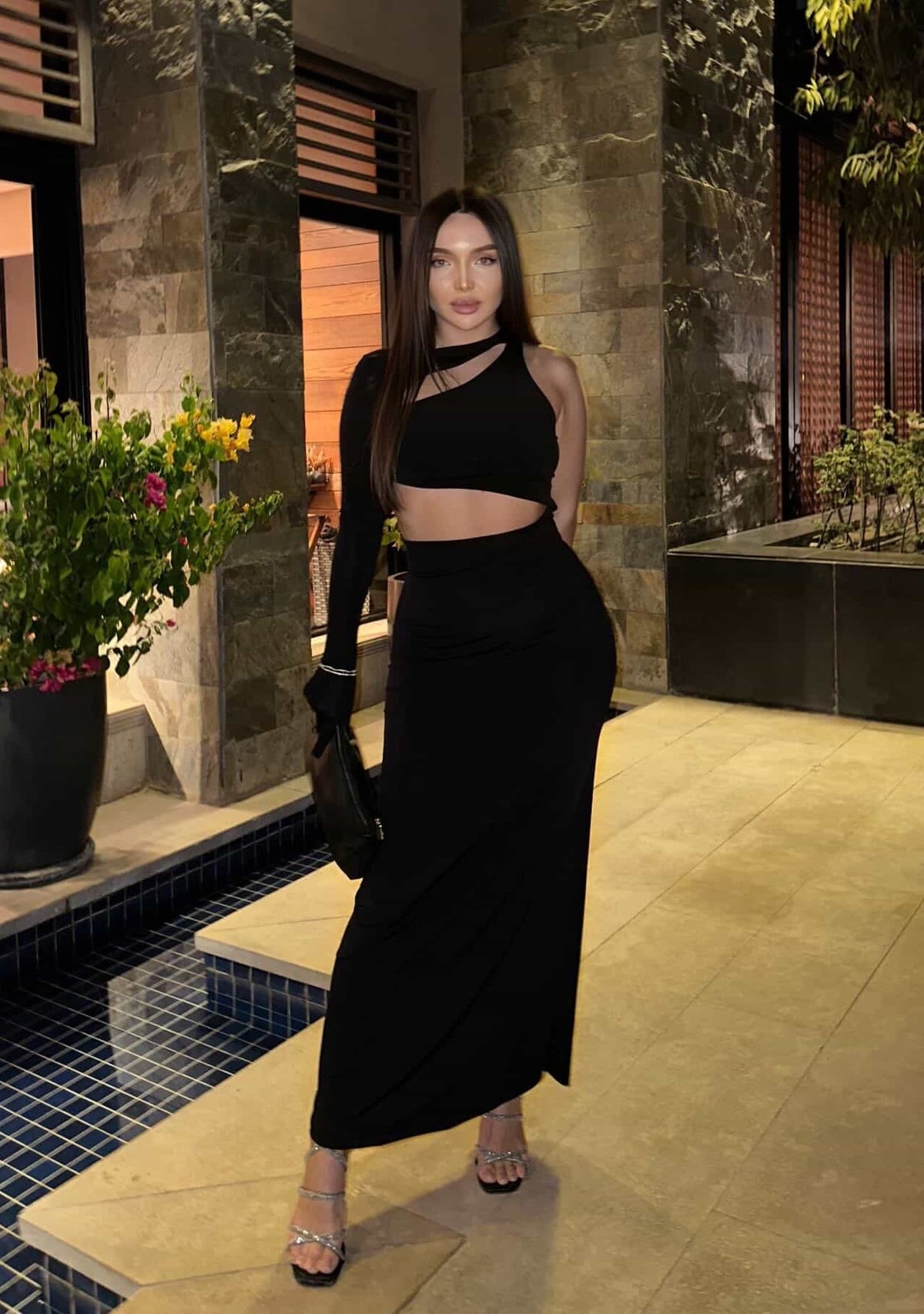 Black Window Detail Gloved Dress