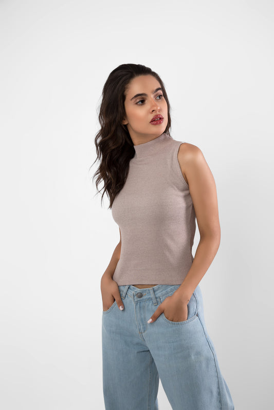 Beige  Turtleneck Sleeveless