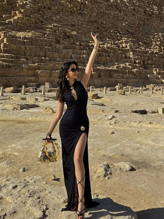 Black Brooch Detail Long Dress