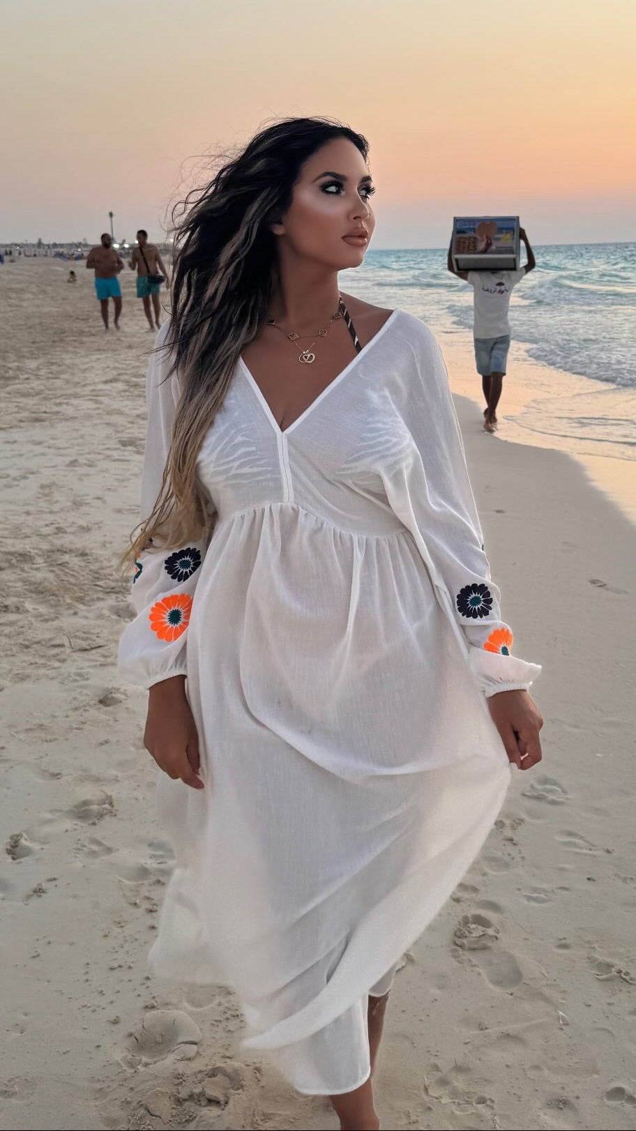 White  Embroidered Elegant Linen Dress