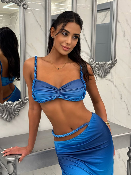 blue Auger Fabric Detail Metal Back Clamped Bustier & Skirt Set