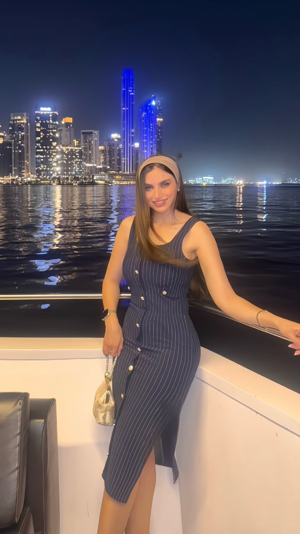Navy Blue Buttoned Midi Striped Dress