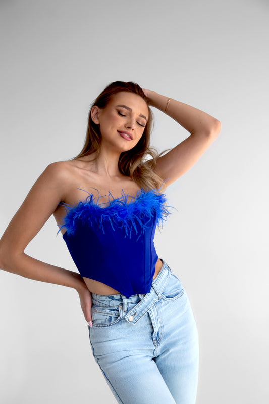 Blue Crop Lined Woven Knitted Bustier