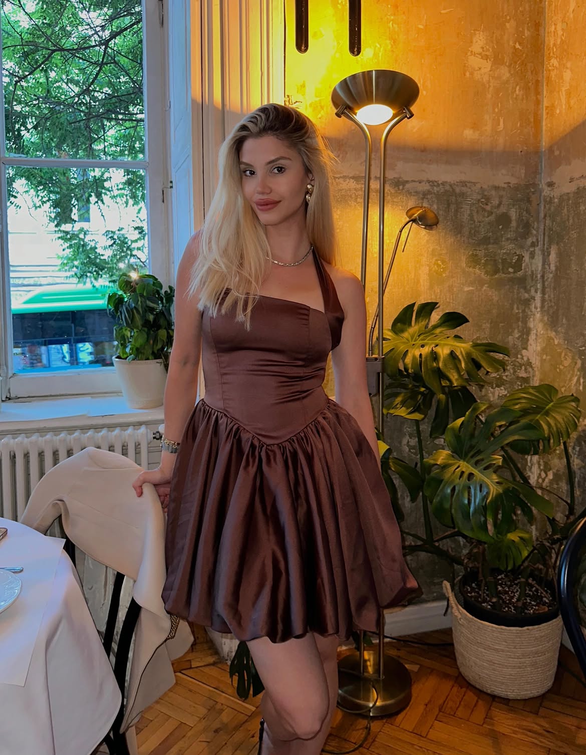 Brown Cecilia Strap Mini Balloon Dress with Bow Detail