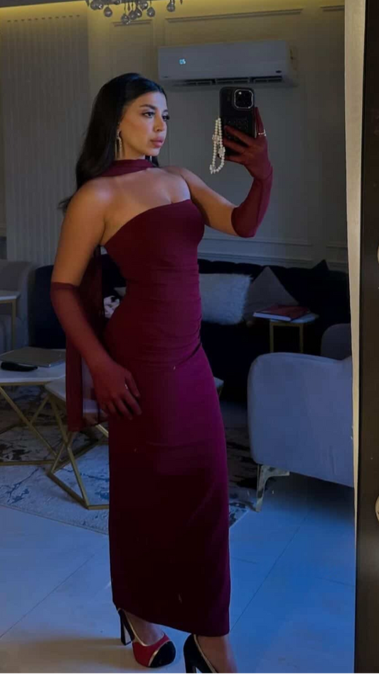 Burgundy SCUBA CREP FABRIC DRESS WITH MESH GLOVE