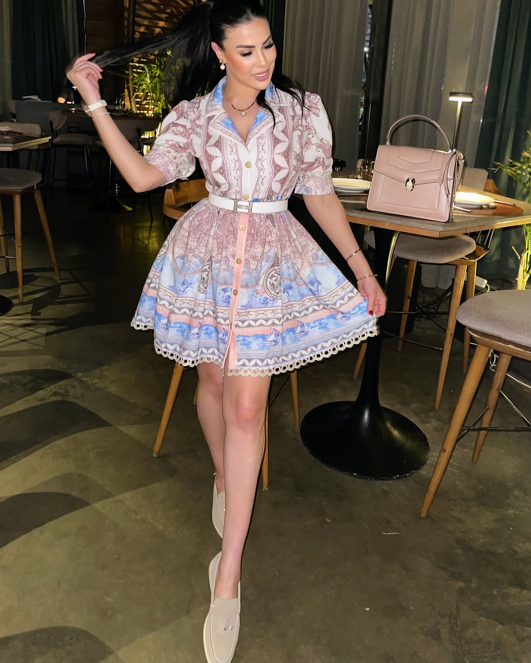 Linen fabric lace detailed belt included model dress