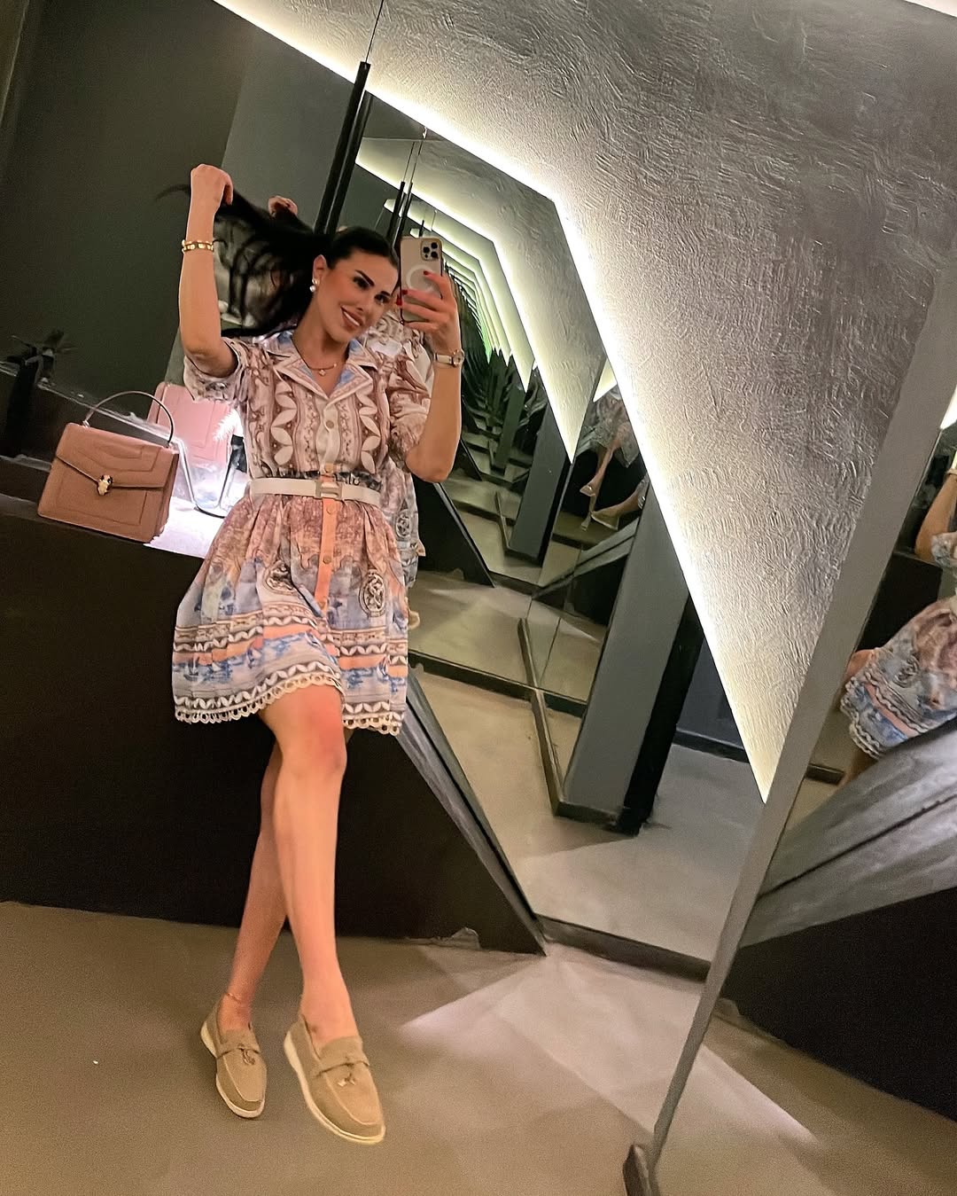 Linen fabric lace detailed belt included model dress