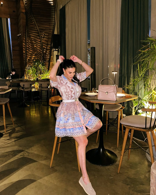 Linen fabric lace detailed belt included model dress