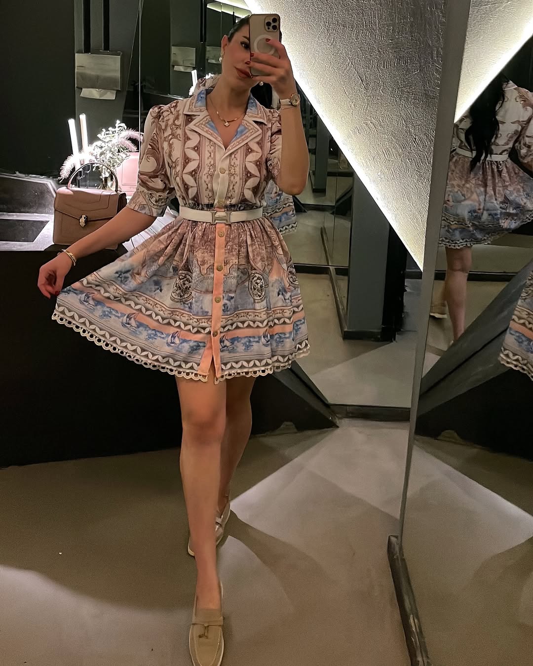 Linen fabric lace detailed belt included model dress