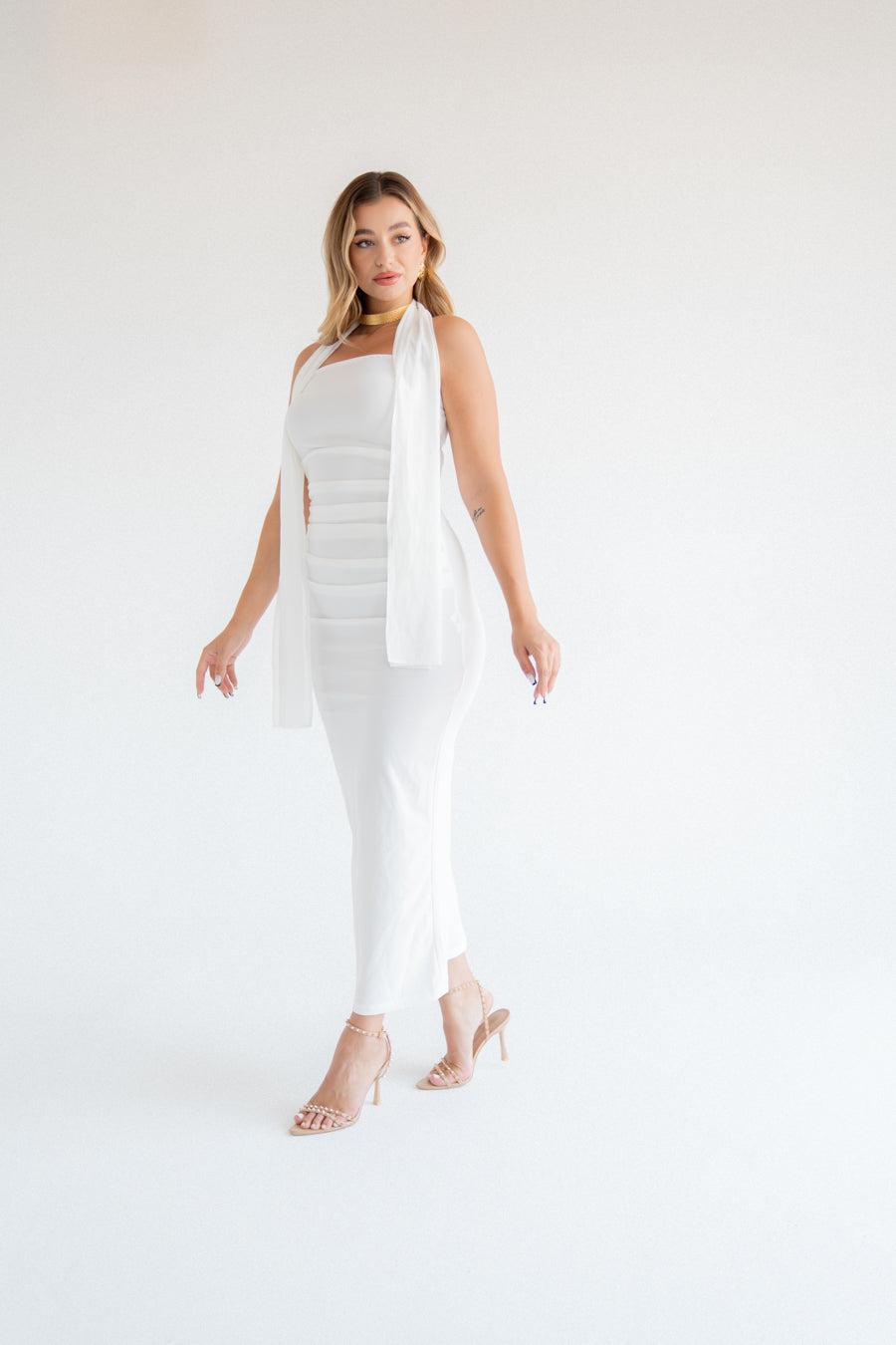 White SCUBA CREP FABRIC DRESS WITH MESH GLOVE