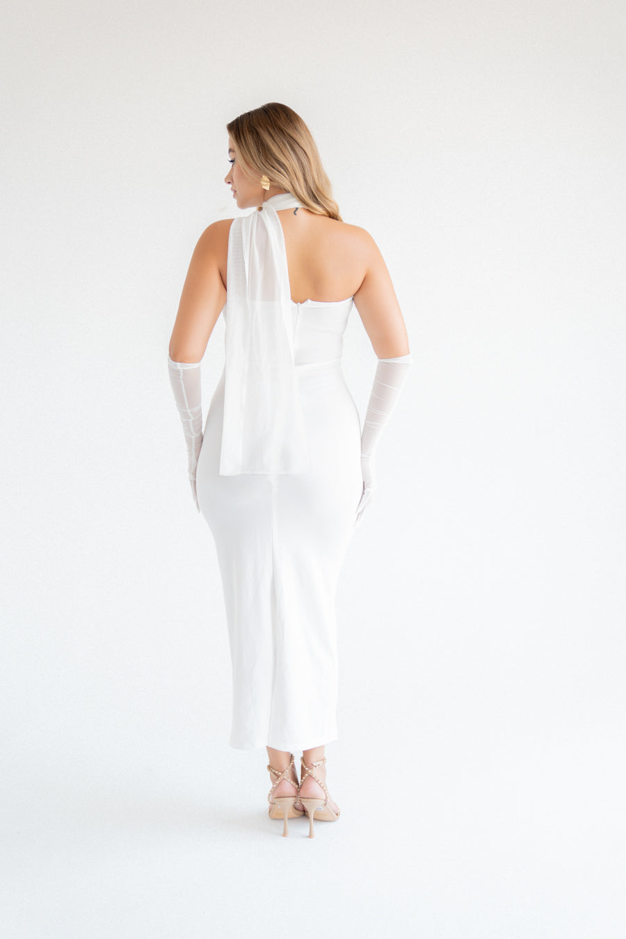 White SCUBA CREP FABRIC DRESS WITH MESH GLOVE