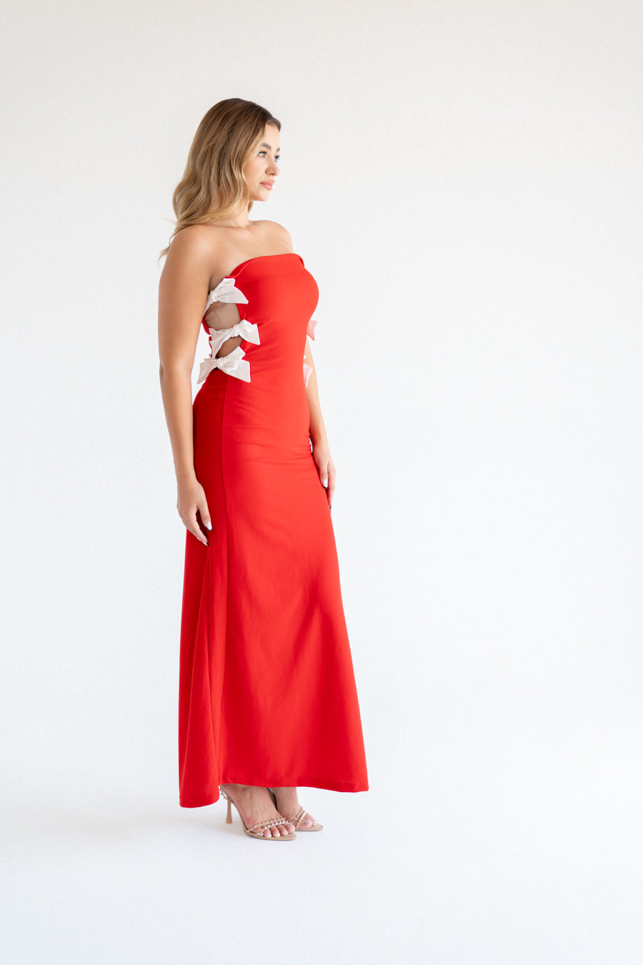Red Ribbon Detail Strapless Dress
