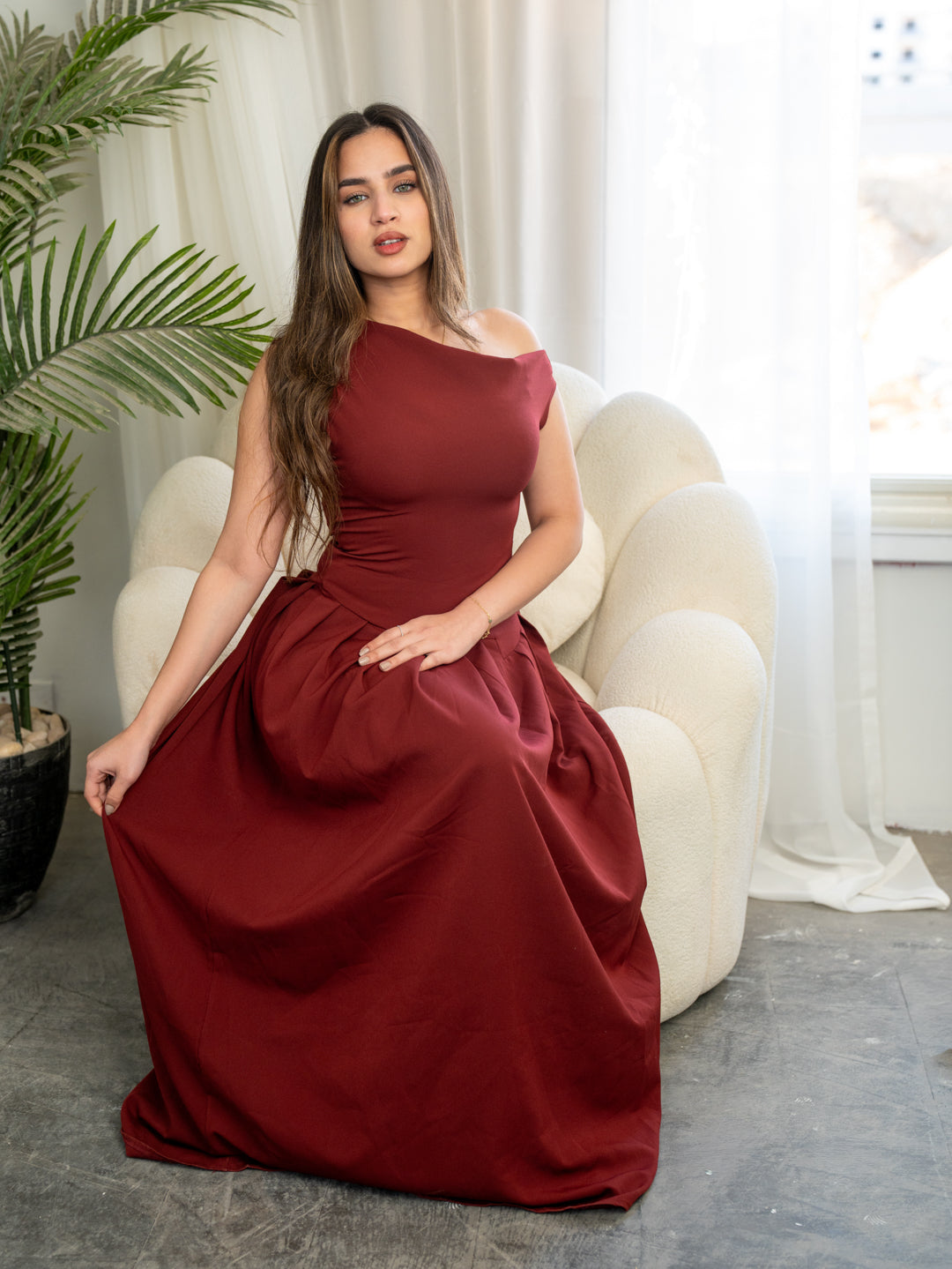 Cherry Maroon Bimala Boat Neck Dress