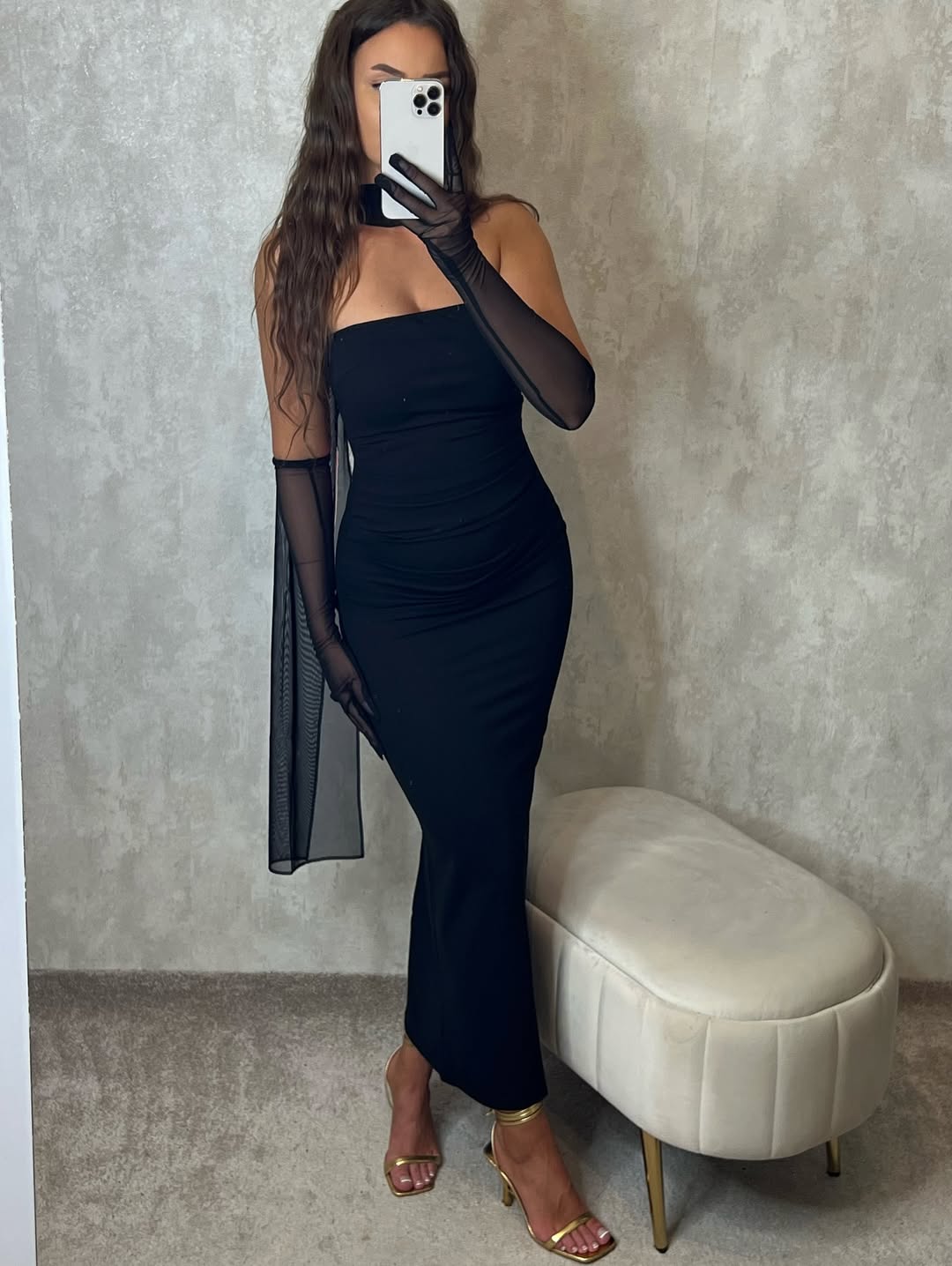Black SCUBA CREP FABRIC DRESS WITH MESH GLOVE