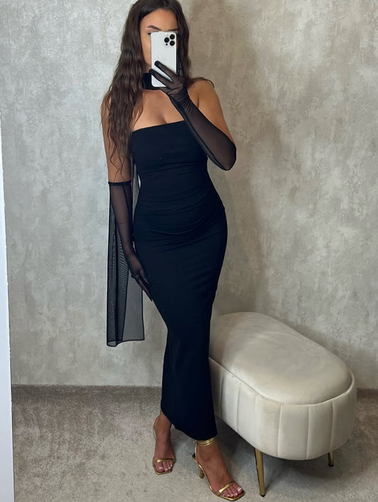 Black SCUBA CREP FABRIC DRESS WITH MESH GLOVE