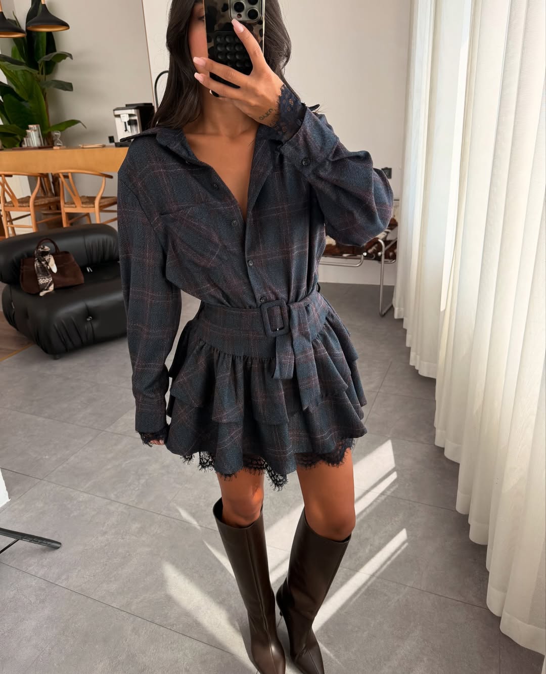 Navy Blue Plaid Pattern Belted Lace Detail Dress