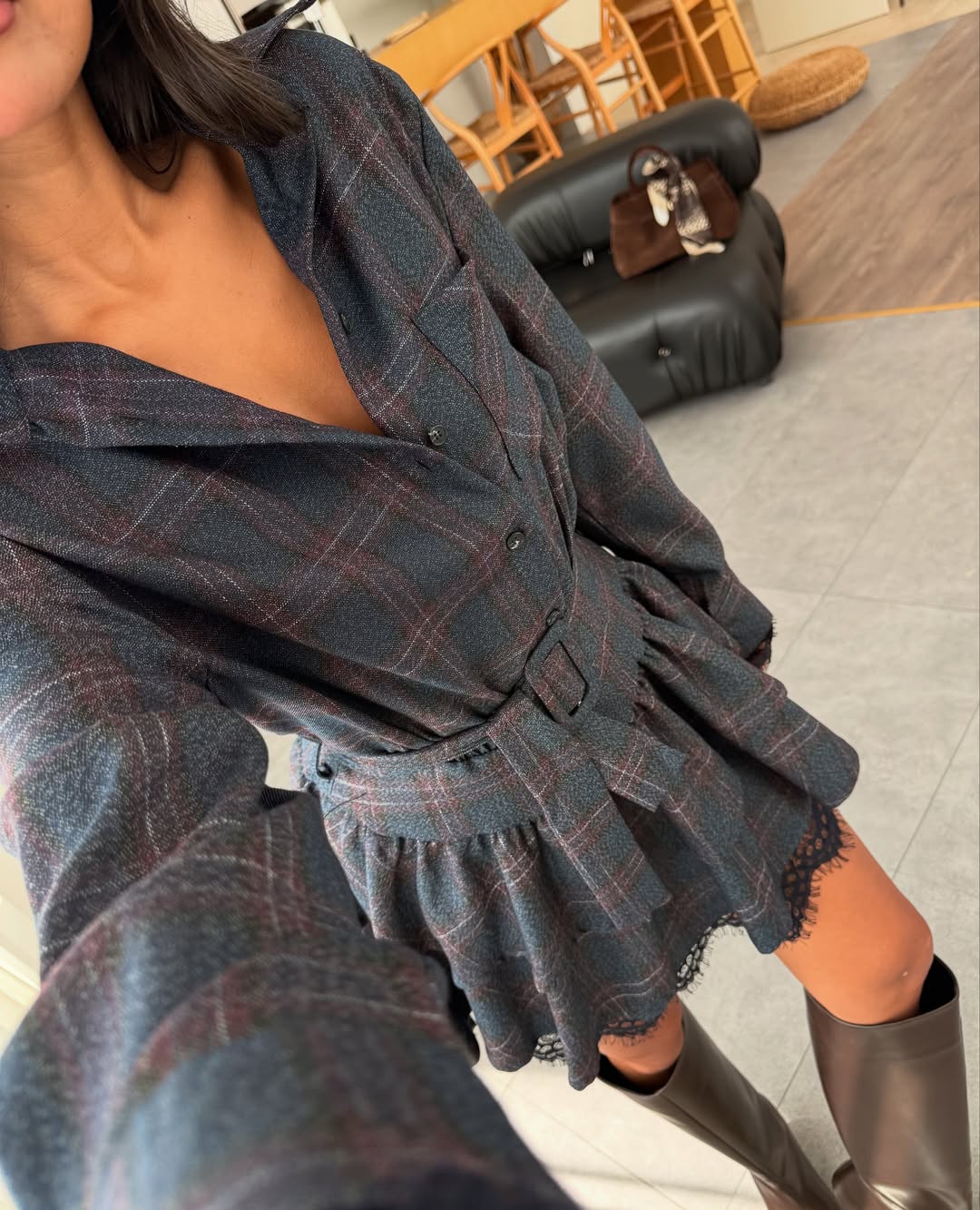 Navy Blue Plaid Pattern Belted Lace Detail Dress