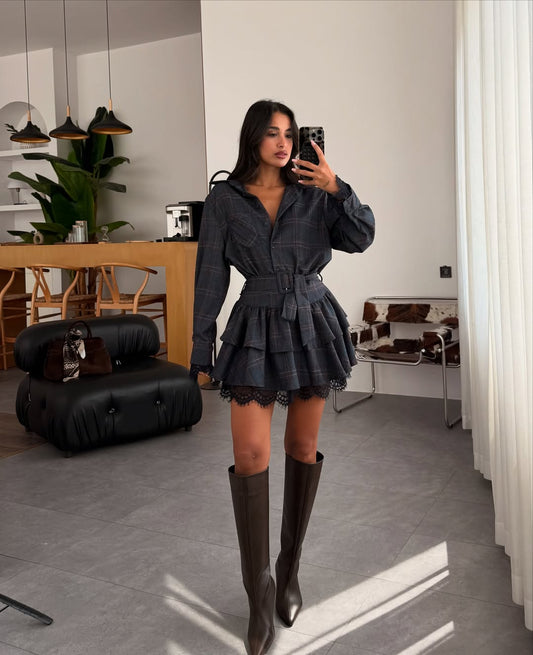 Navy Blue Plaid Pattern Belted Lace Detail Dress