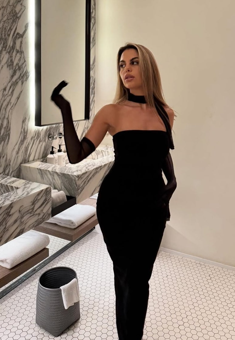 Black SCUBA CREP FABRIC DRESS WITH MESH GLOVE