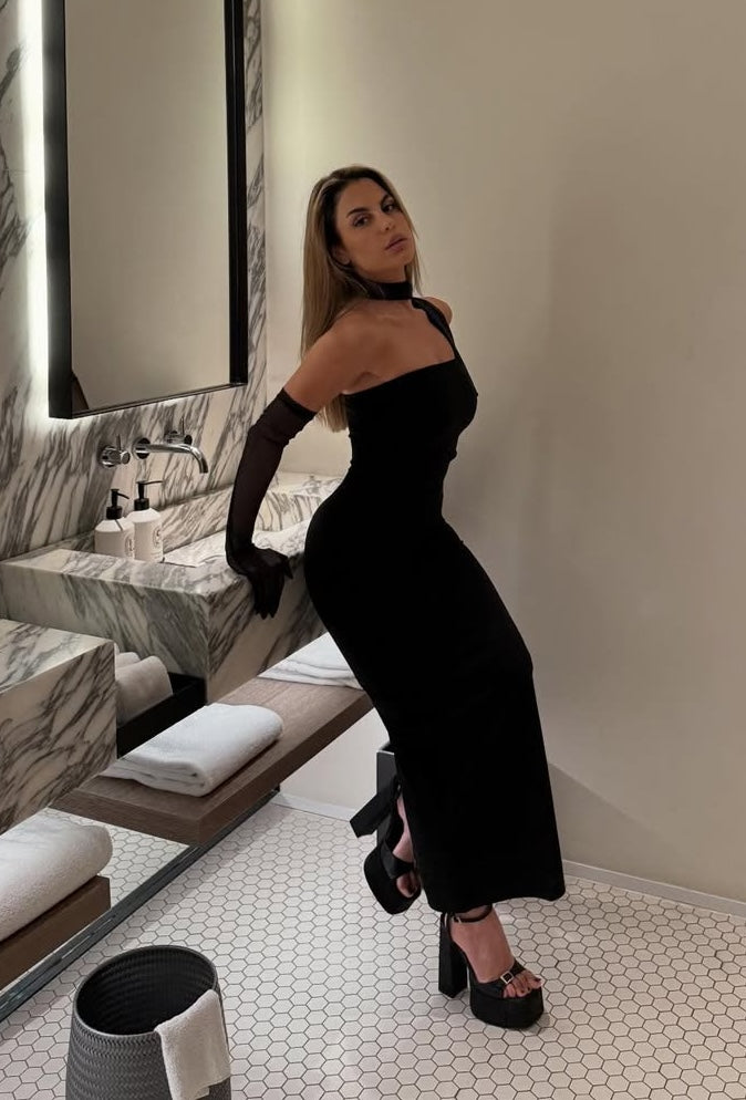 Black SCUBA CREP FABRIC DRESS WITH MESH GLOVE