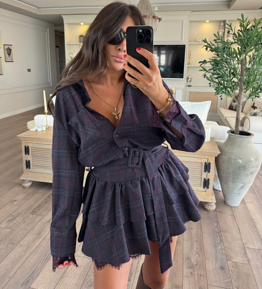 Burgundy Plaid Pattern Belted Lace Detail Dress