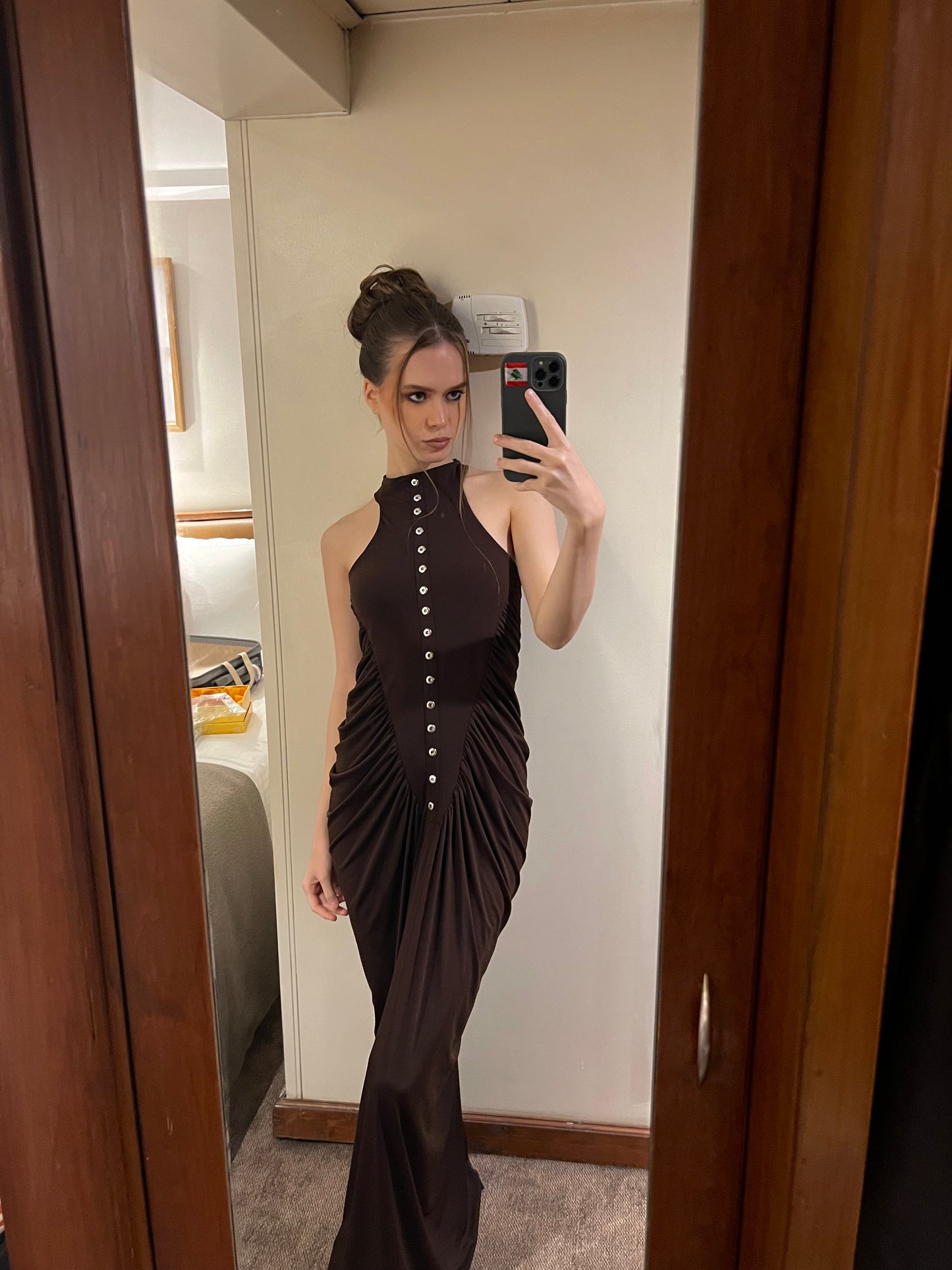 Brown Sandy Dress with Gathered Button Detail