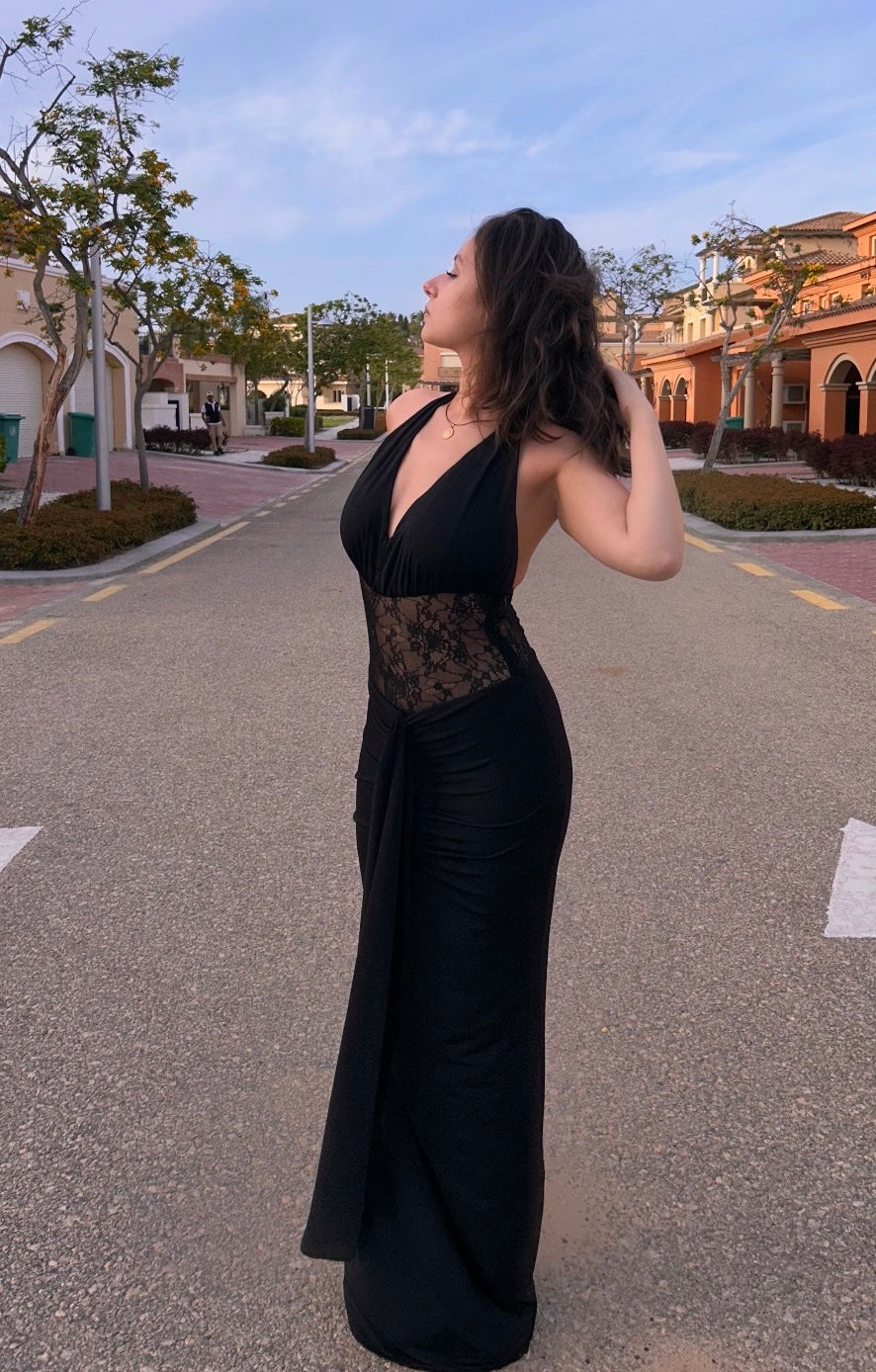 Black Lace Detail Long Dress