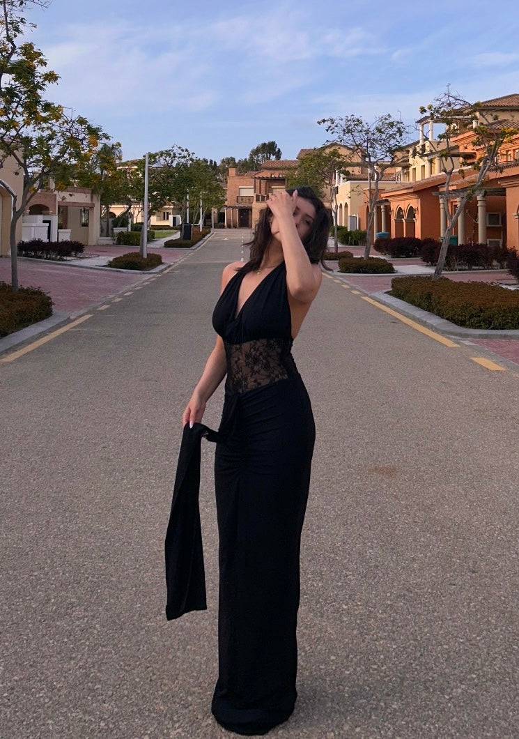 Black Lace Detail Long Dress