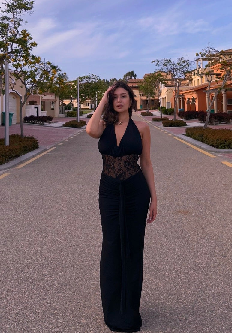 Black Lace Detail Long Dress
